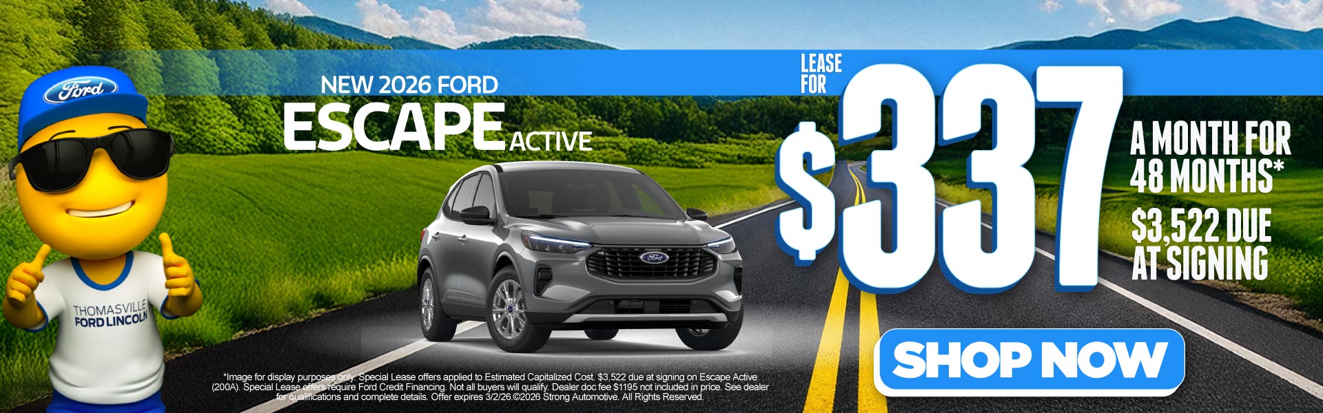 NEW 2026 ESCAPE ACTIVE 	"LEASE $337 A MO/ 48 MO* $3,522 DAS"